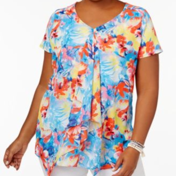 NY Collection Printed Draped Multi Florafauna Top - Picture 1 of 5